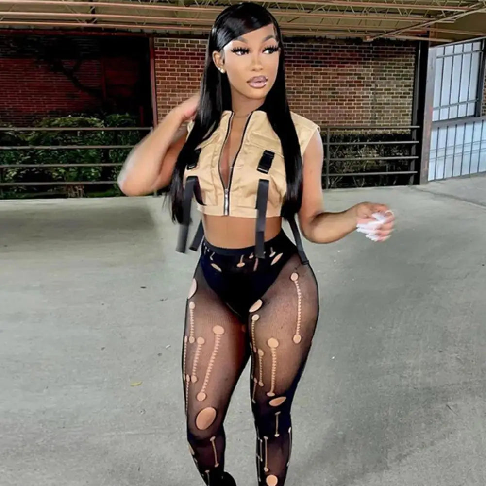 Soft Texture Chic Nightclub See-Through Hole Leggings Comfortable Mesh Pantyhose Close Fitted for Lady